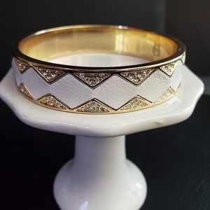 House of Harlow 1960 Gold Tone White Leather Crystal Geometric Bangle Bracelet